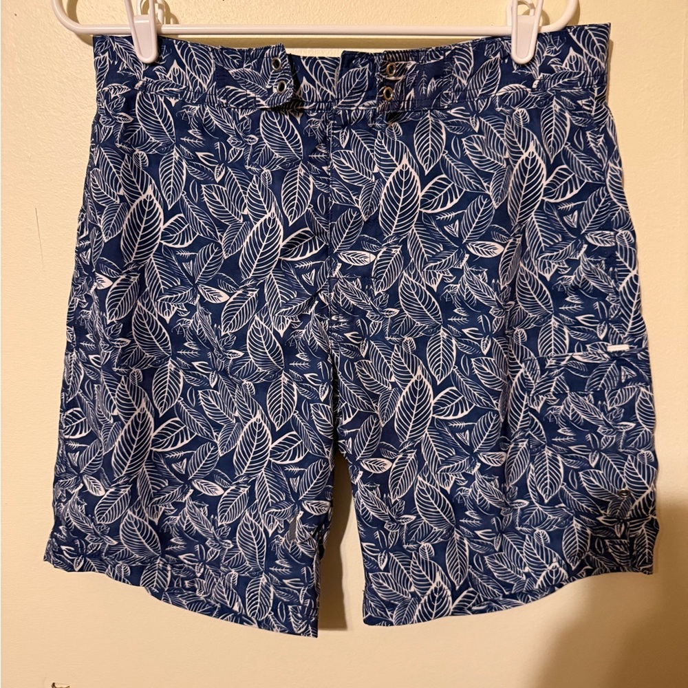 Blue Leaf Print Men's Swim Board Shorts